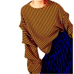 ZARA Exaggerated Ruched Long Sleeve Striped Top